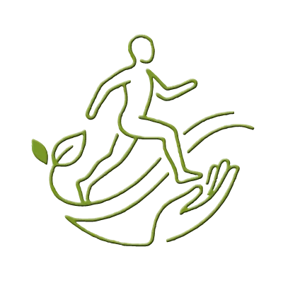 Grünes Logo für Physiotherapie und Rehabilitation: Stilisierte gehende Figur, getragen von einer schützenden Hand, umrahmt von dynamischen Schwüngen und einem Blatt.